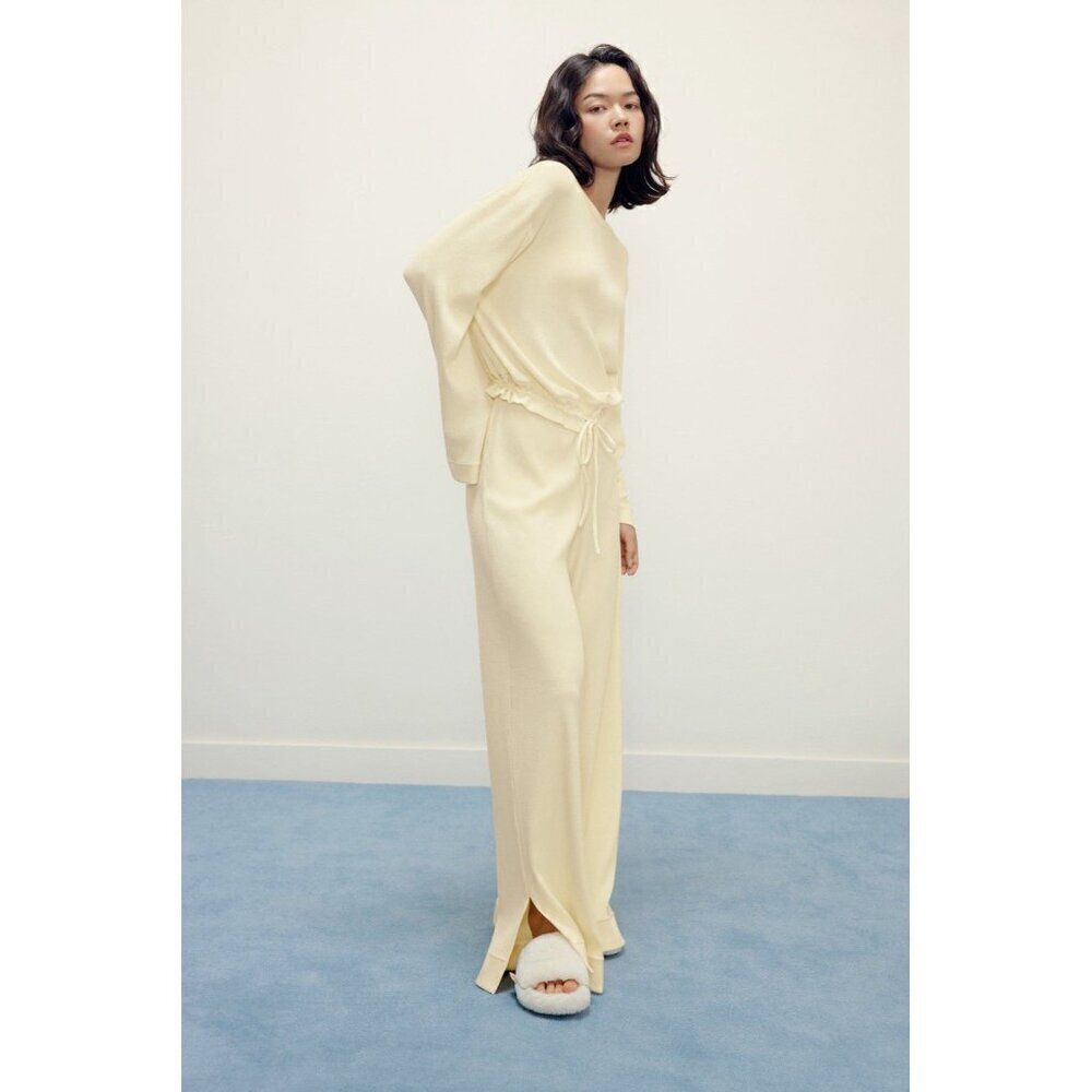 Neiwai Womens Ribbed Wide Leg Pant XL Beige High Rise Flare Pull On Minimalist - Picture 6 of 9